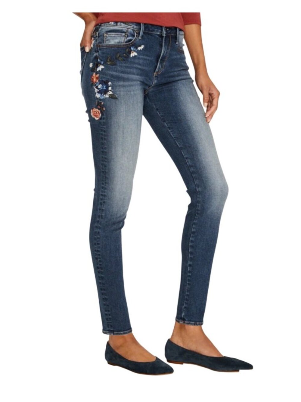Driftwood Floral Embroidered Skinny Jeans Size 30 Dark Wash Stretch Denim Womens